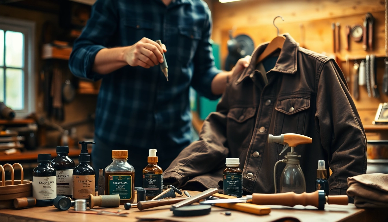 Restoring vintage leather jackets and gear with a craftsman using leather conditioner in a workshop.