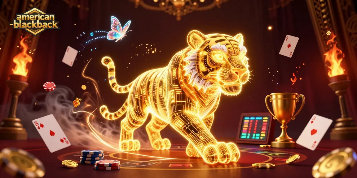 Play american-blackjack with a neon golden tiger in a vibrant casino setting, showcasing dynamic gaming action.
