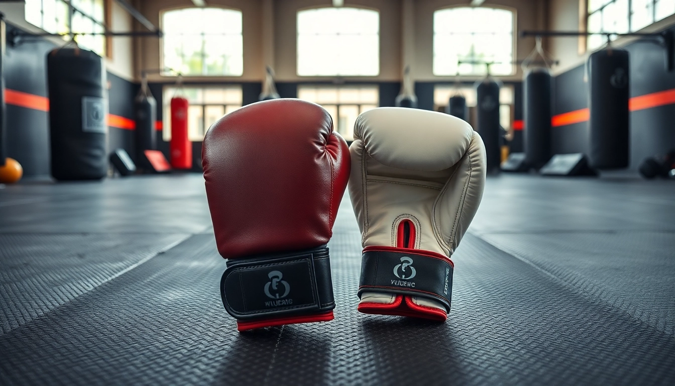 MMA gloves lie on a gym floor, symbolizing strength and readiness for combat training.