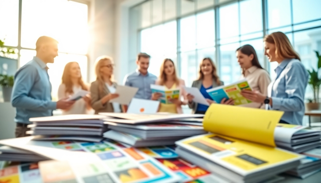 Dynamic team at a direct mail company collaborating on marketing materials in a bright workspace.