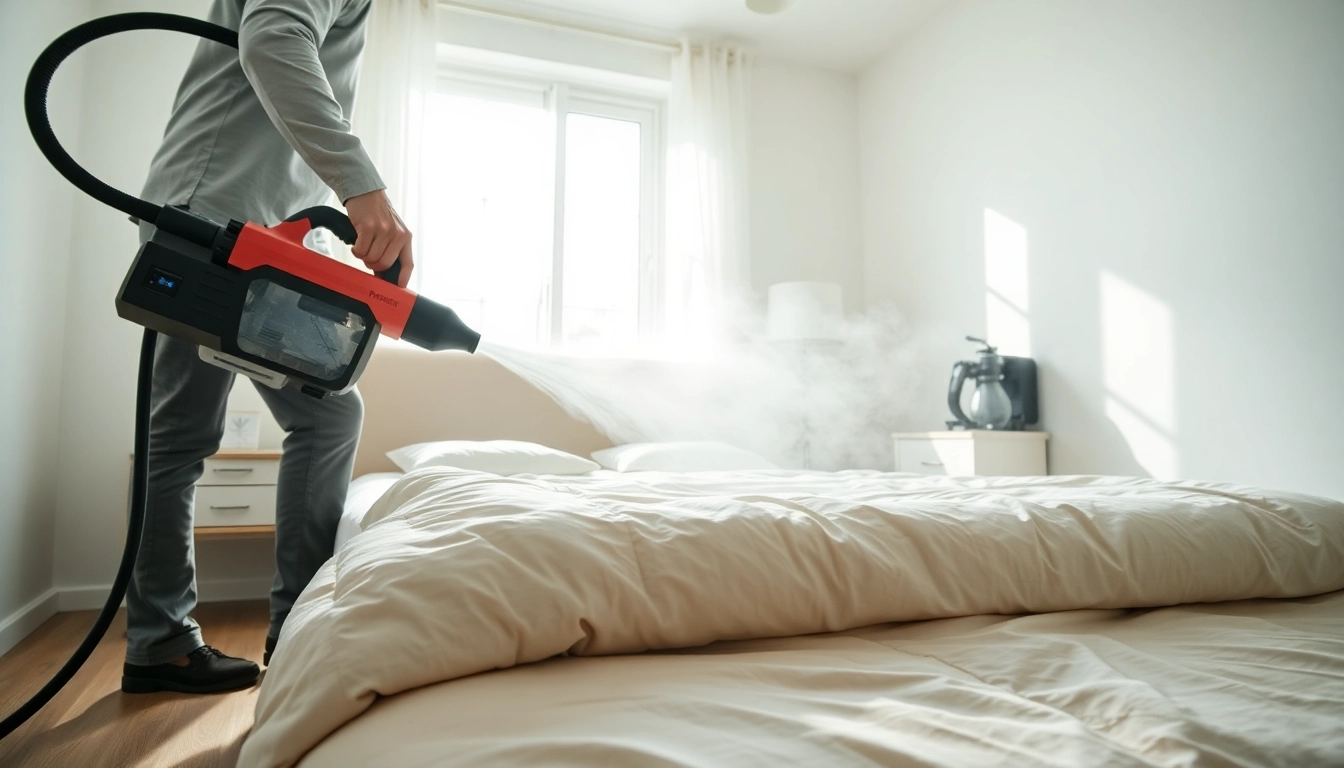 Expert conducting bed bug removal treatment in a clean, well-lit bedroom environment.