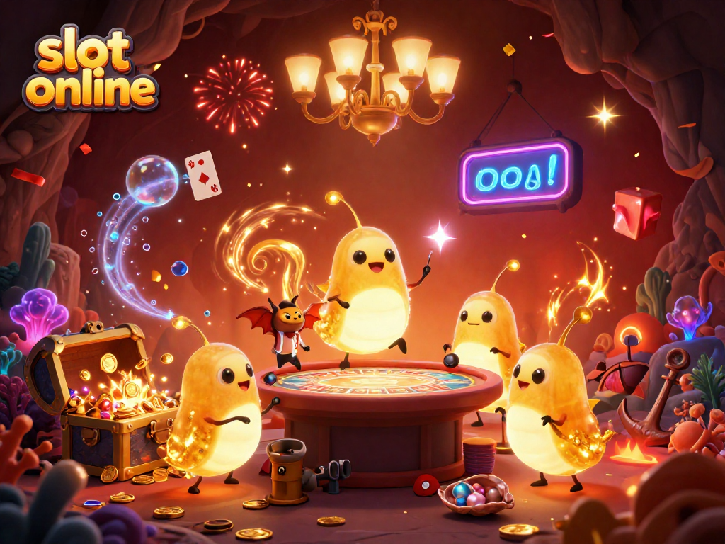 Engage with slot online action in a vibrant casino scene featuring glowworms and a bat dealer.