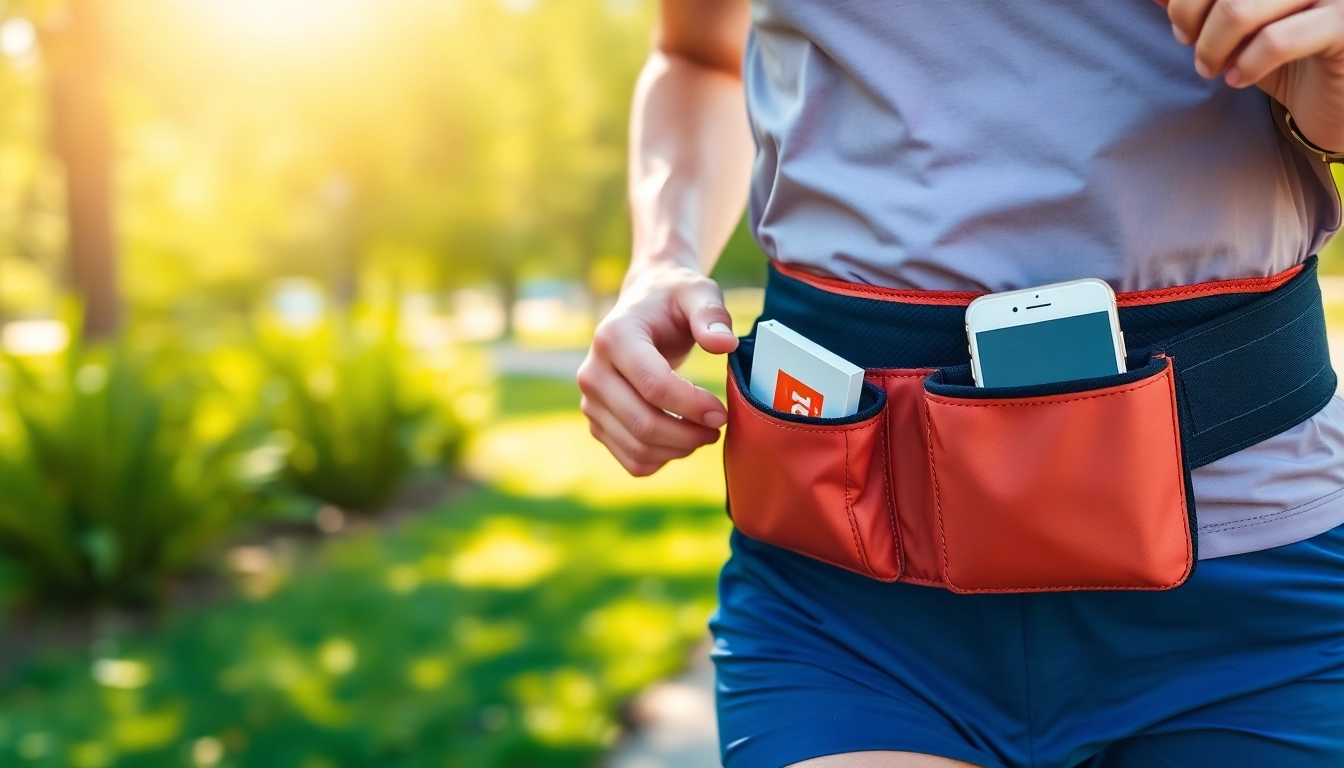 Active runner showcasing running waist belt with smartphone and energy gel in a park.
