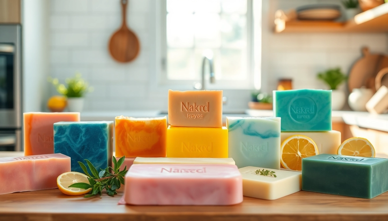 Showcasing customized soap bars with vibrant colors and unique designs on a kitchen countertop.