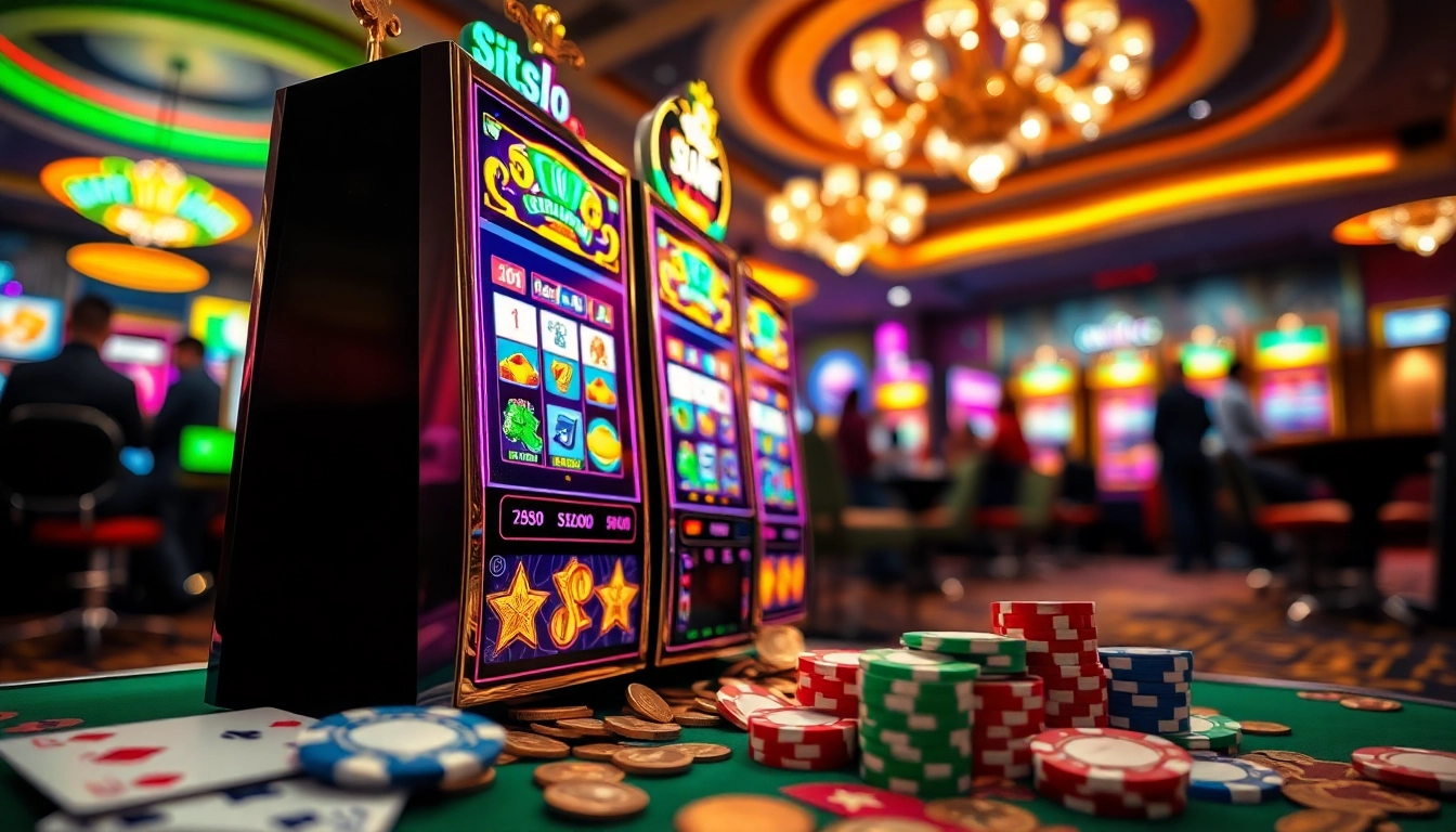 Menampilkan situs slot gacor dengan mesin slot berwarna cerah di suasana kasino yang meriah.