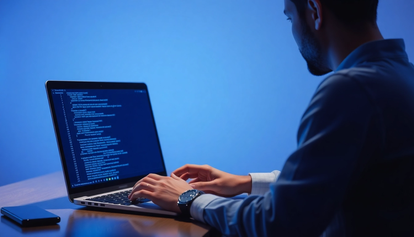 Desenvolvimento de Site: desenvolvedor criando um site em laptop com tela de código.