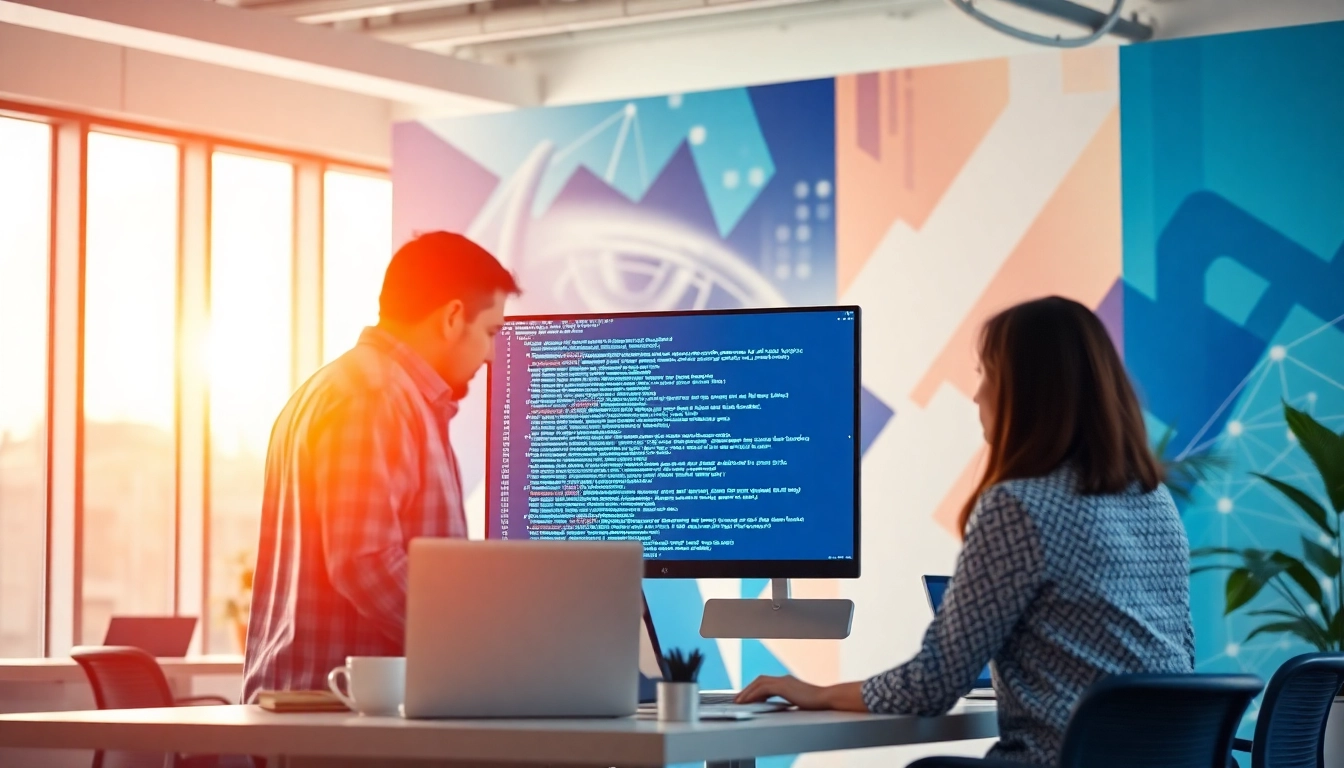 Engaged team at a web development company collaborating with code on a screen.