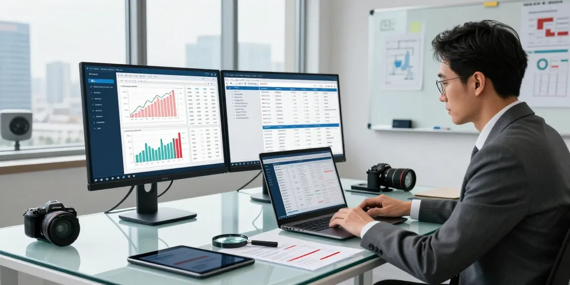 Financial crime intelligence analysis in a modern office with data graphs and reports.