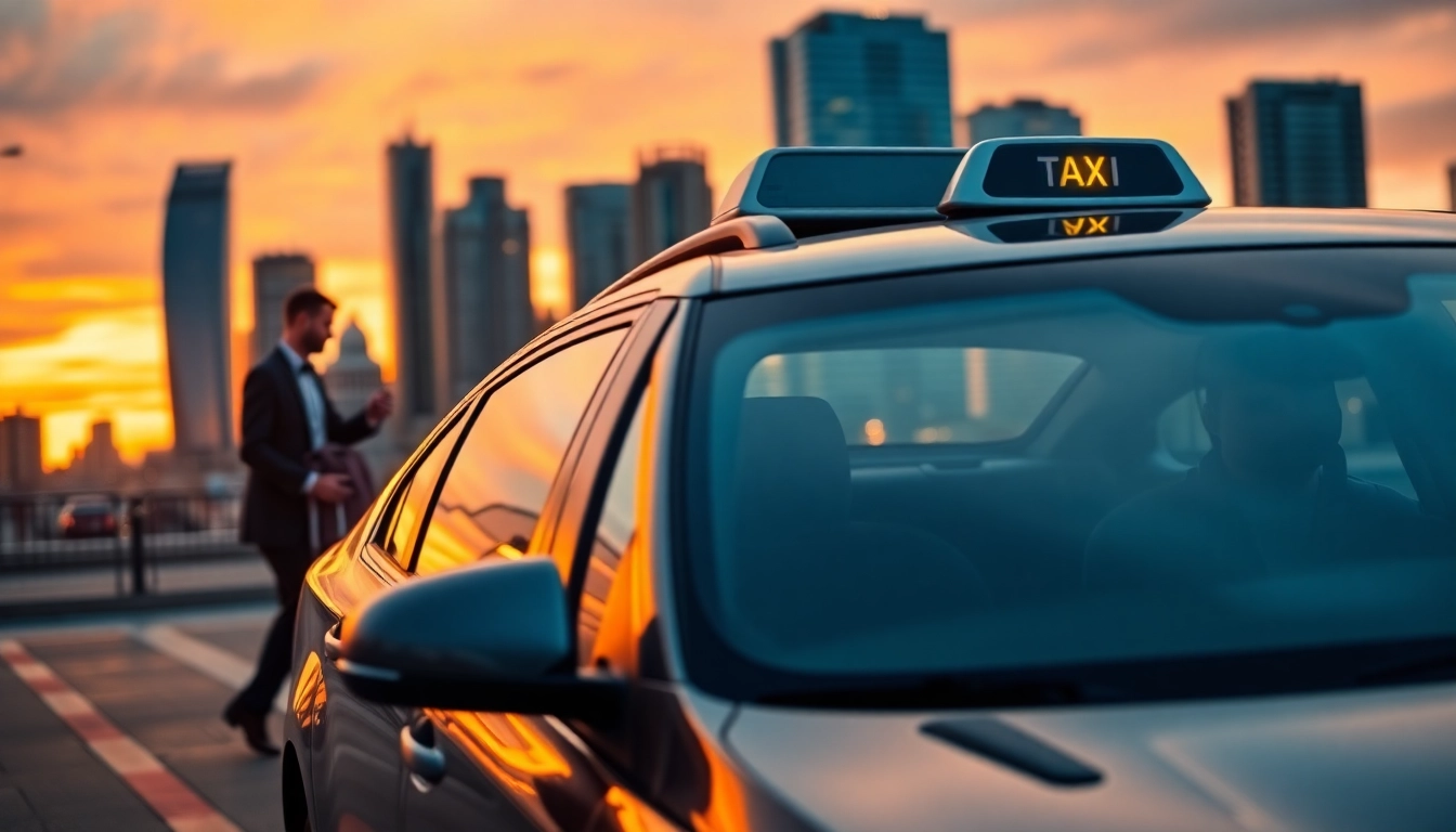 Efficient long distance taxi transfers service with professional driver and urban backdrop.