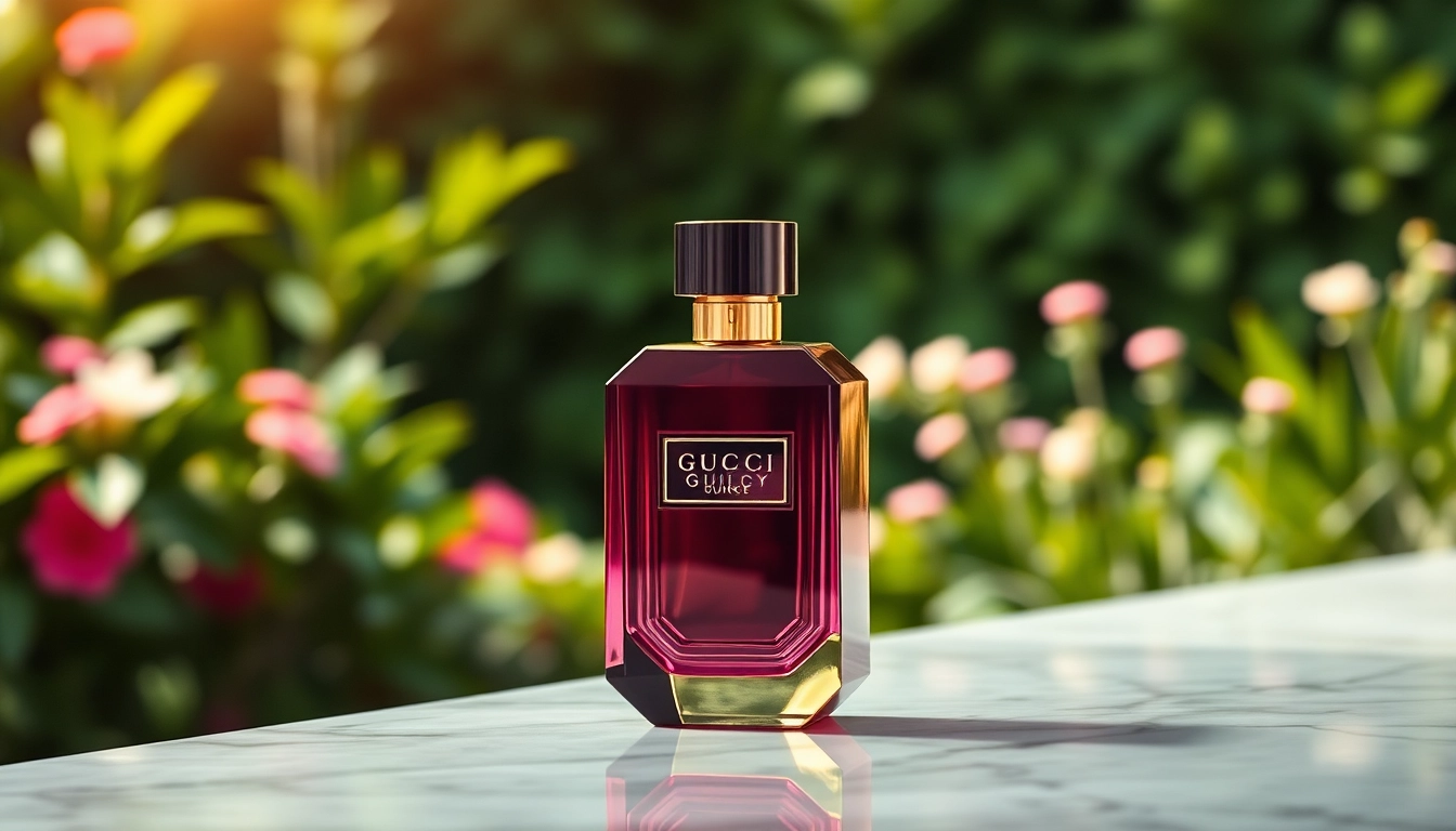 Admire Gucci Guilty Eau de Parfum Intense, showcasing its luxurious design against a vibrant backdrop.