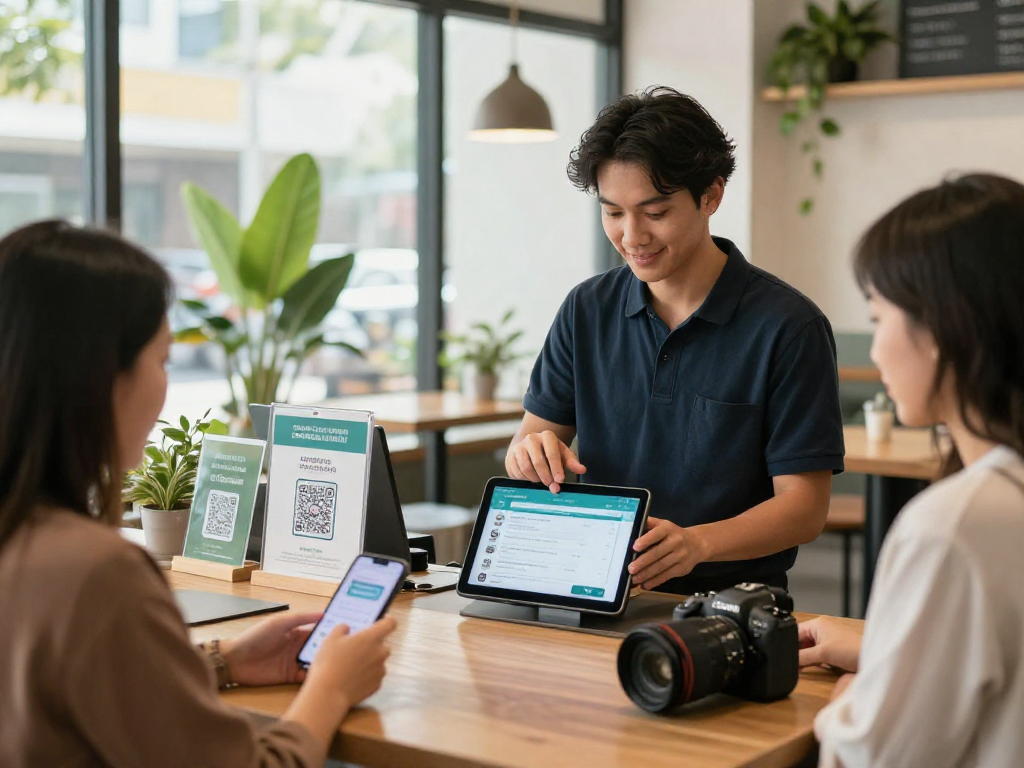 Customers using loyalty software to earn rewards in a welcoming café environment.