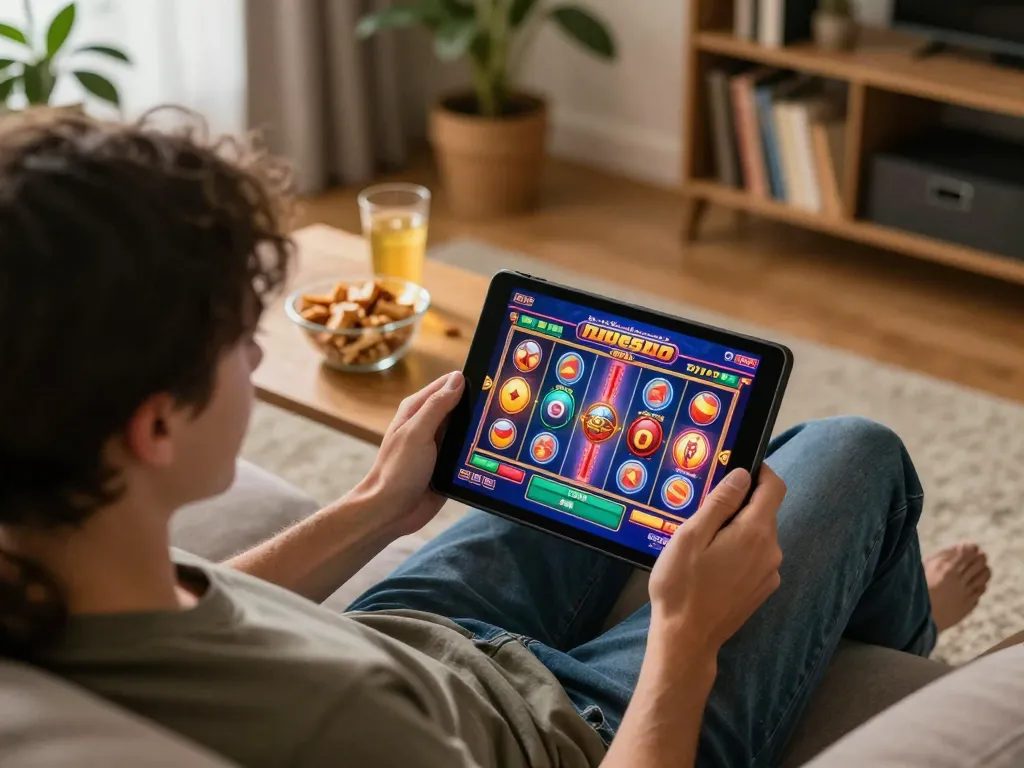 Engaging gaming moment with agenslot188 on tablet, showcasing excitement in a cozy home environment