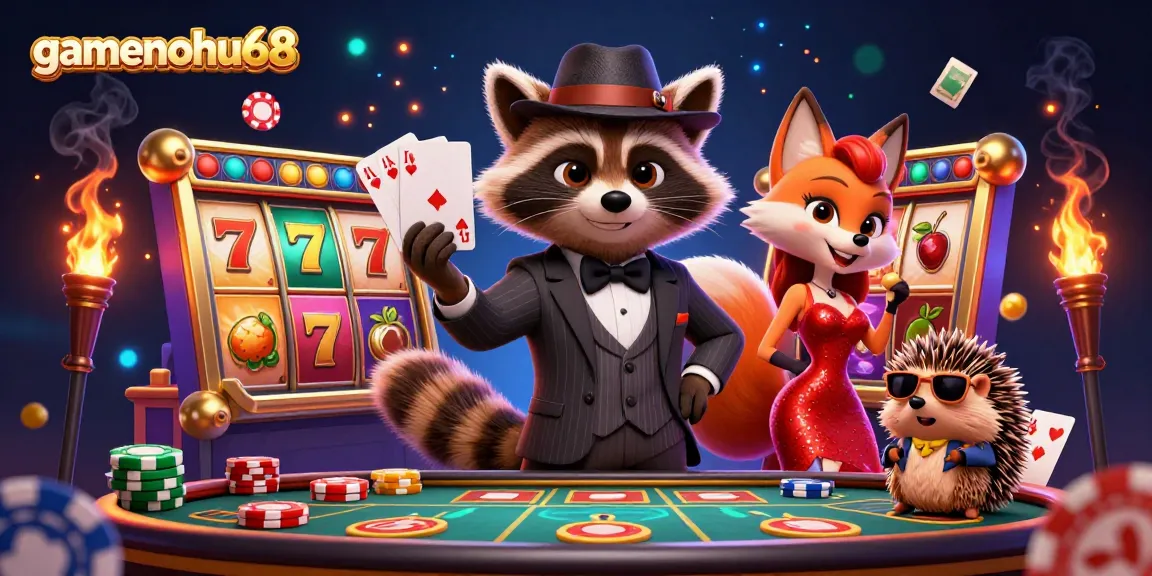 Engage with gamenohu68 players at the lively casino, featuring a raccoon with a royal flush, stylish fox lady, and bouncer amid vibrant slot reels.
