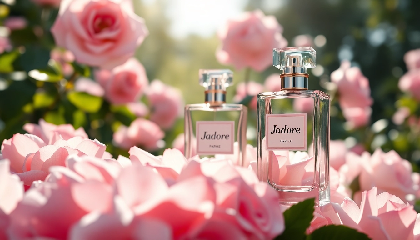 Experience the luxury of Jadore, an elegant perfume bottle surrounded by roses.