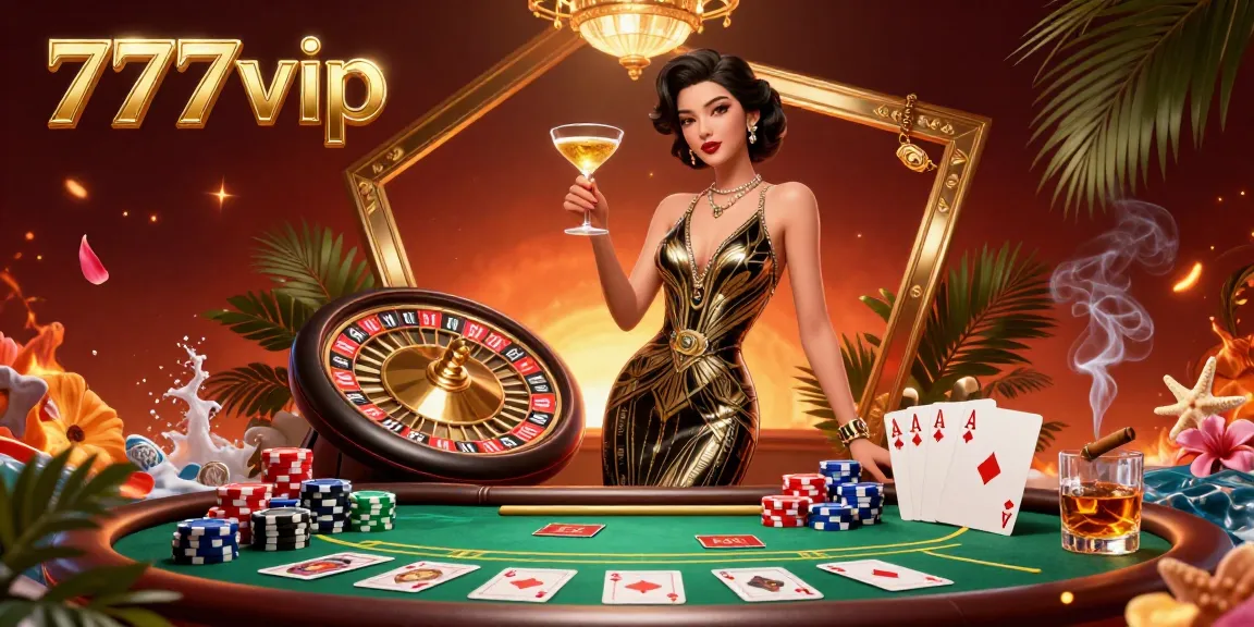 Engage with exhilarating gameplay at 777vip, featuring a glamorous casino scene with poker elements and luxurious style.