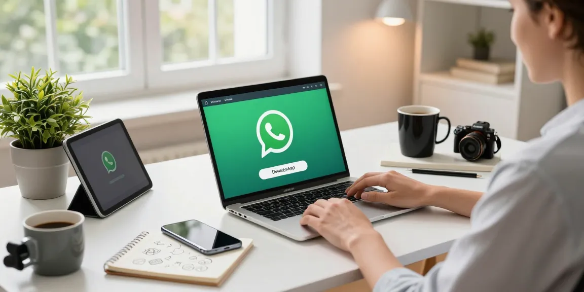 Downloading WhatsApp下載 on a modern laptop in a bright home office.