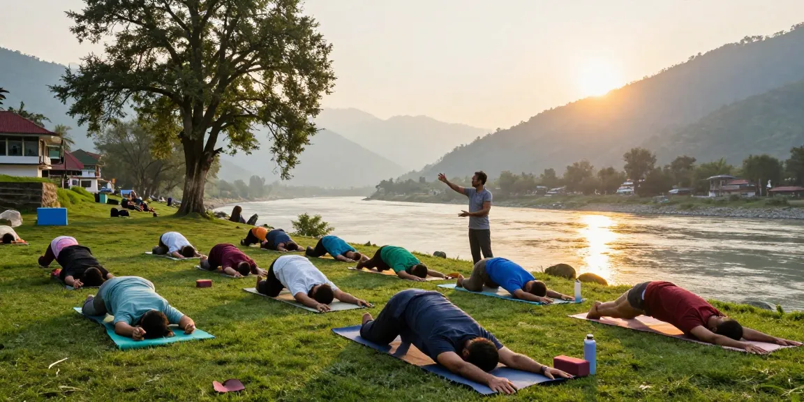 Best Yoga teacher training course in rishikesh, diverse students practicing yoga by the Ganges River in Rishikesh during sunrise.