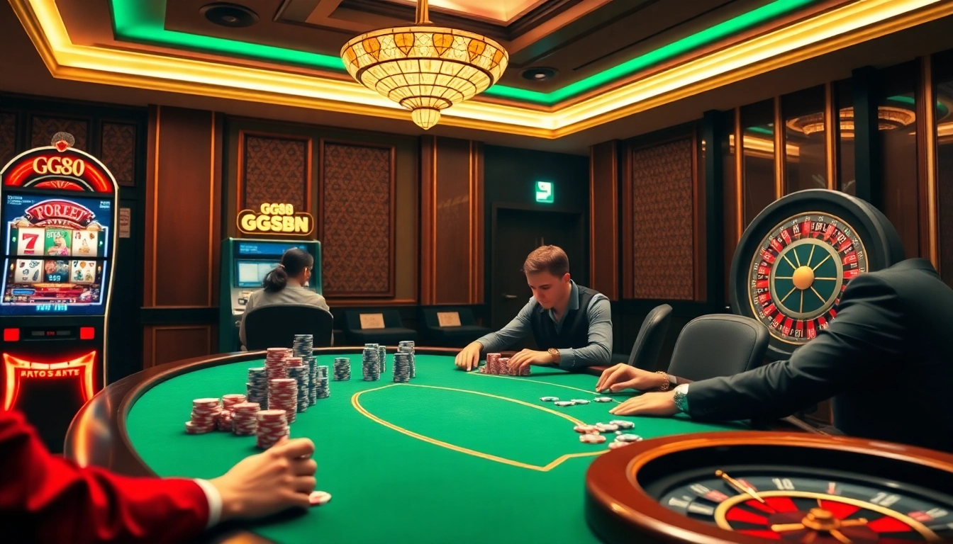 Exciting GG88 casino scene featuring players at a poker table and vibrant slot machines.