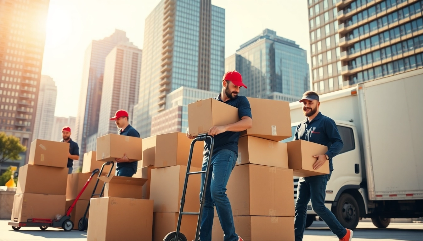 Canadian movers expertly handling boxes in a bustling city environment.