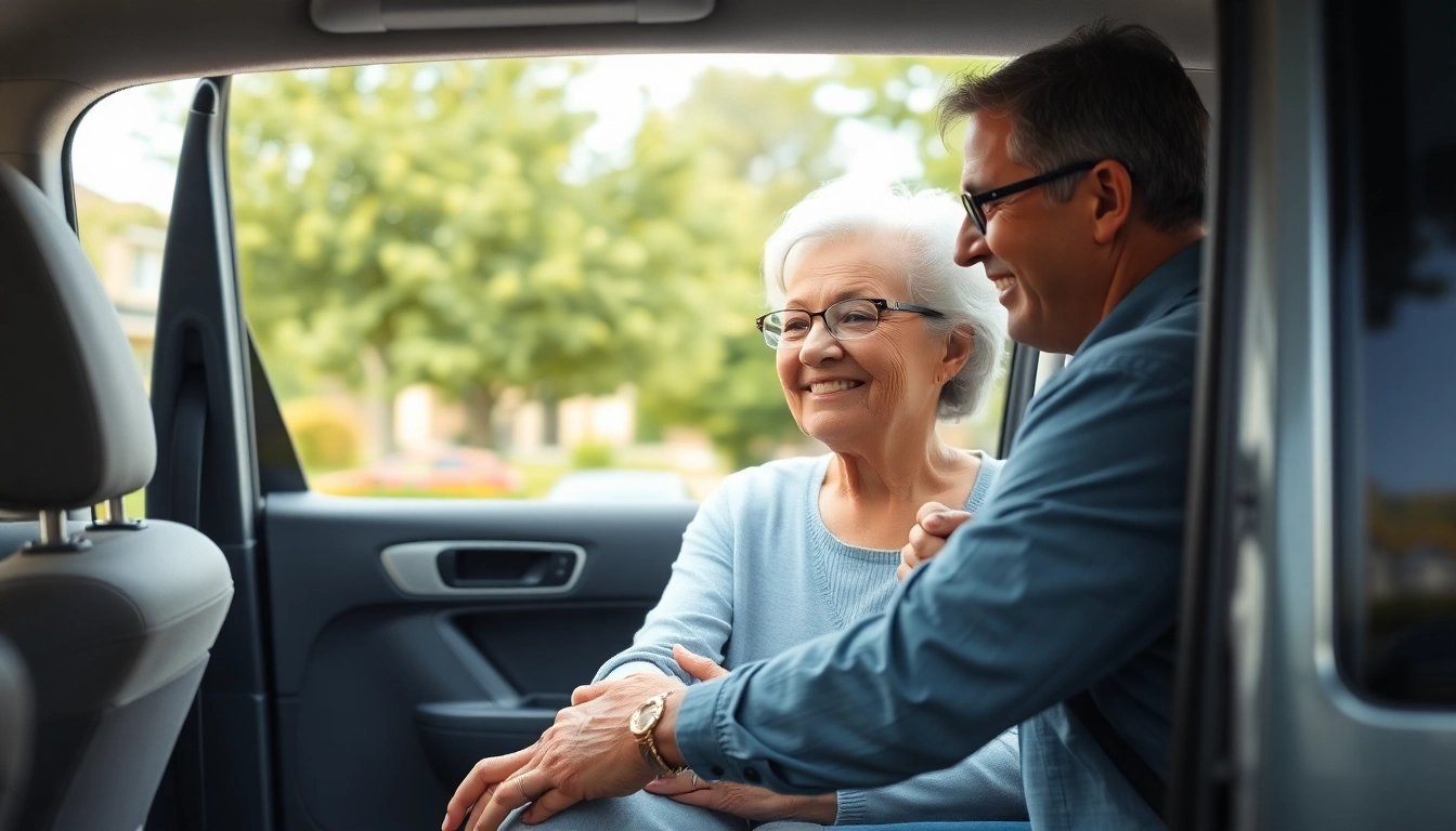 Providing elderly transportation services, a professional driver assists a senior into a vehicle.
