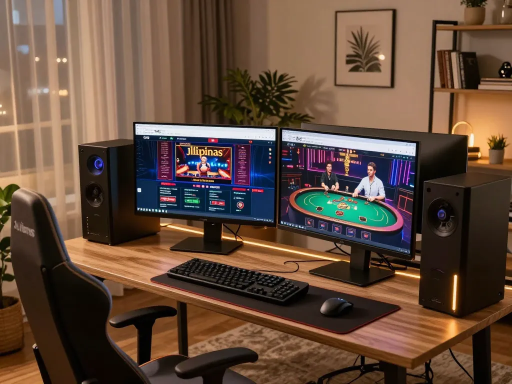 Engaging with the jilipinas casino platform on a sleek gaming computer in a cozy home setup.