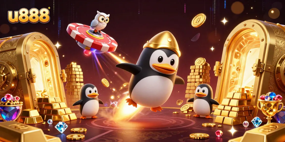 Experience thrilling gaming adventures at u888 with a golden penguin and immersive casino atmosphere.