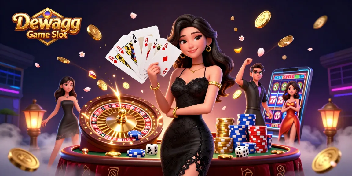 Engaging scene highlighting Dewagg Game Slot with an elegant woman in a casino, dazzling elements surrounding her.