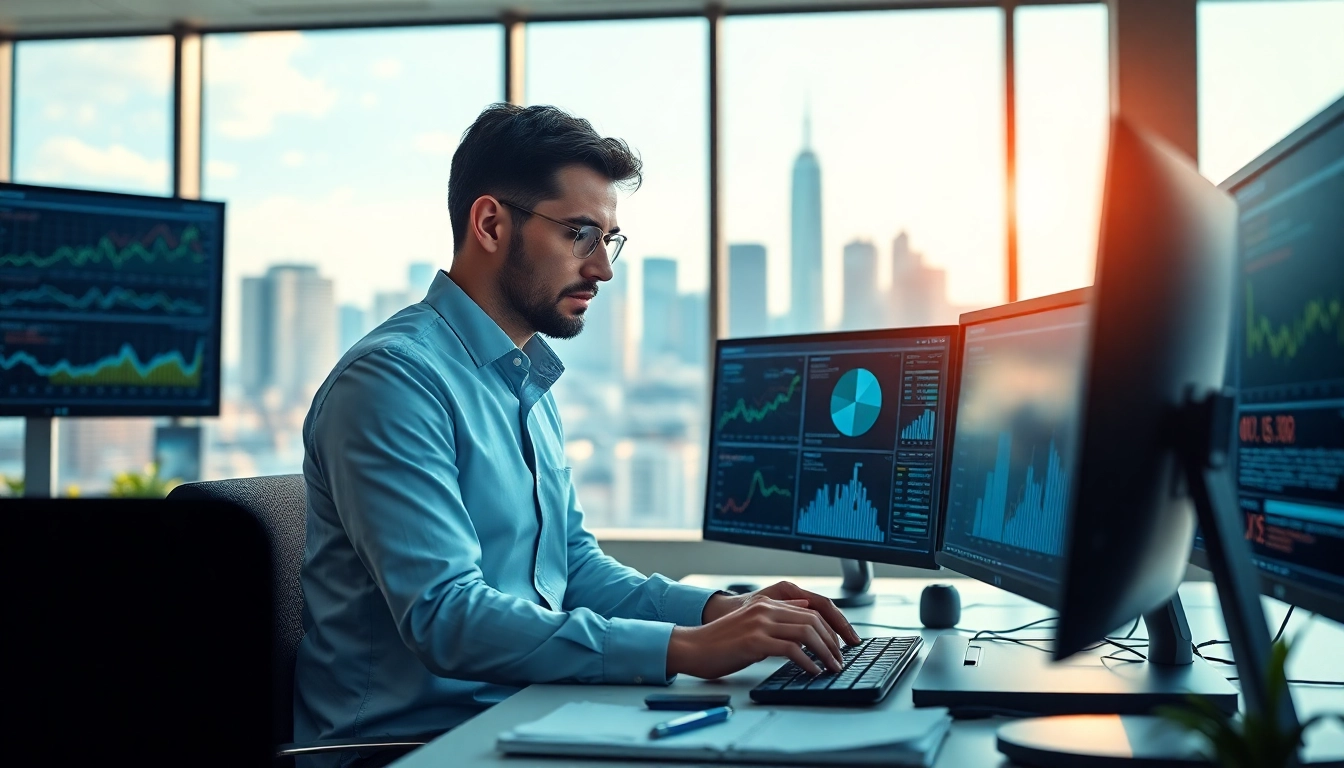 Utilizing AI for competitive intelligence in a modern office environment, featuring charts and data analysis.