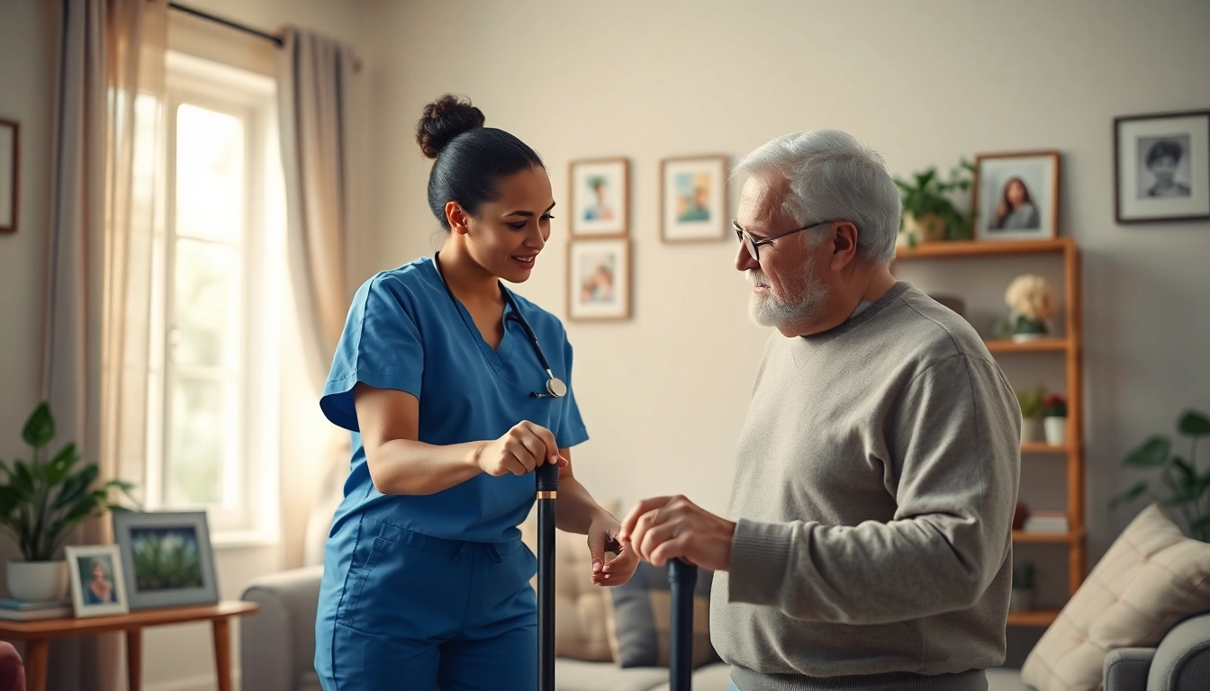 Caregiver providing compassionate home healthcare services to an elderly patient in a warm living room.