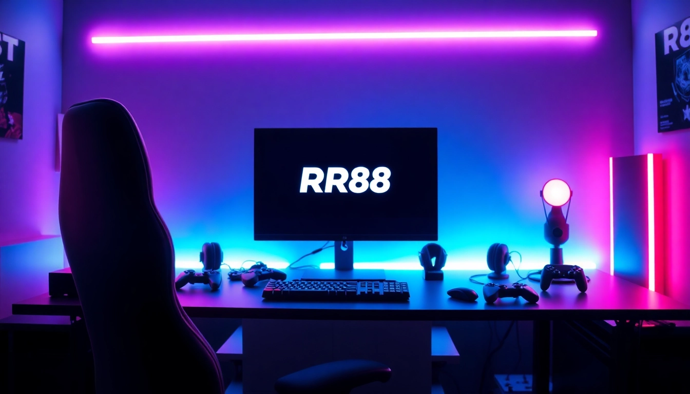 Engaging gaming setup featuring the RR88 logo prominently displayed on a sleek computer monitor.