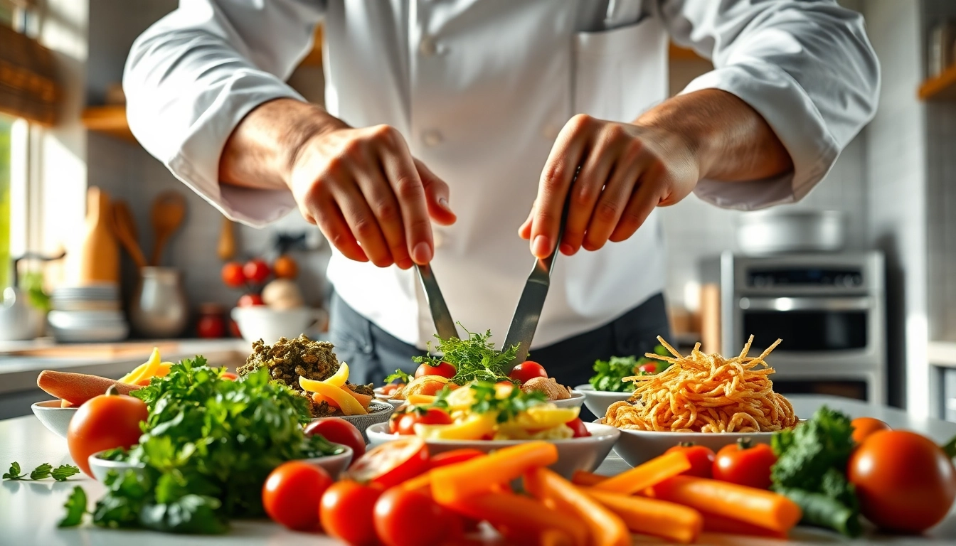 Chef creating diverse meals showcasing dishfacts in a vibrant kitchen with fresh ingredients.