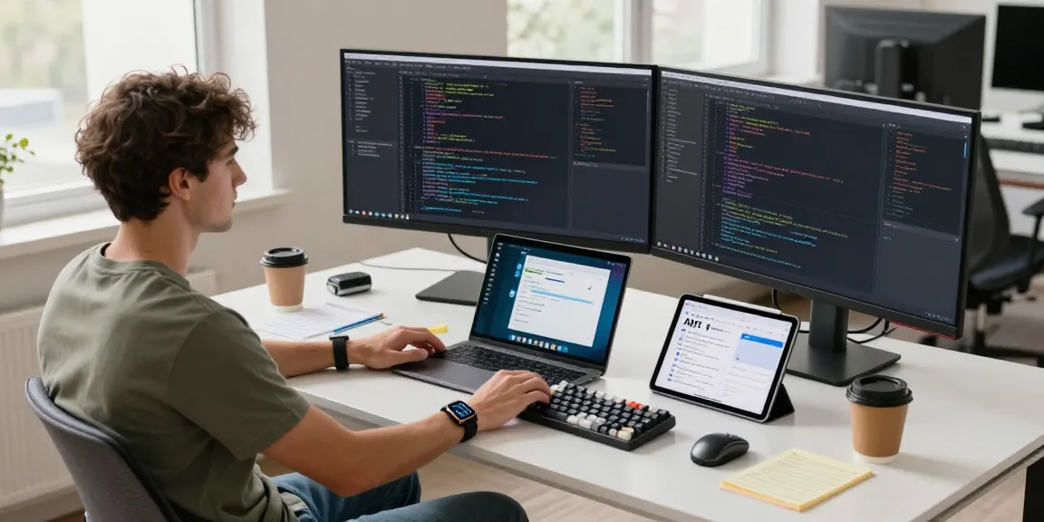 Dynamic workspace scene showcasing 纸飞机下载 and coding tools in a modern office environment
