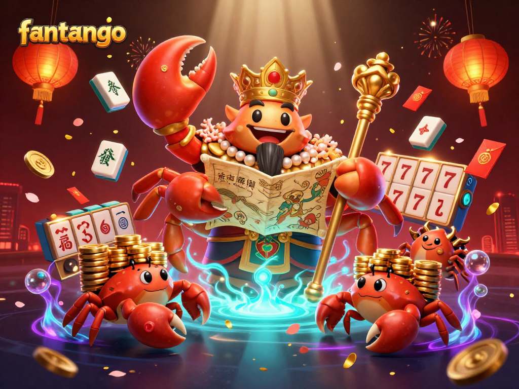 Experience the excitement of fantango with a vibrant scene featuring a majestic crab emperor and rich casino elements.