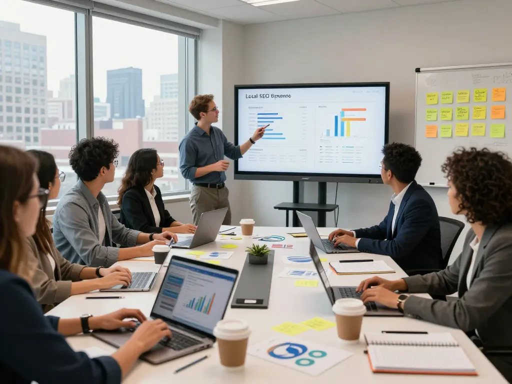 Local SEO NYC team collaborating on strategies in a vibrant New York office.