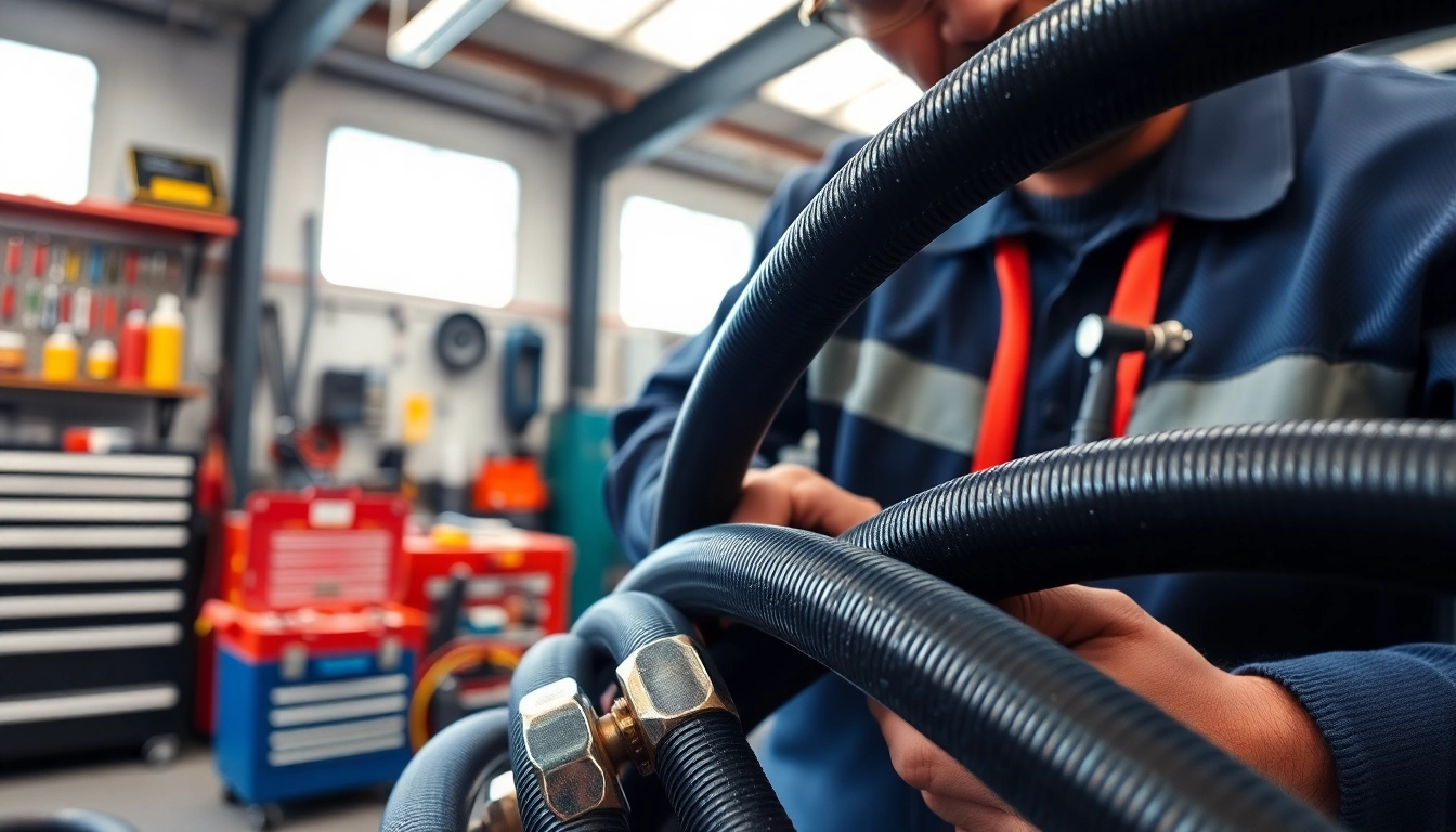 Technician performing hydraulic hose repair in a bright workshop with tools and fittings.