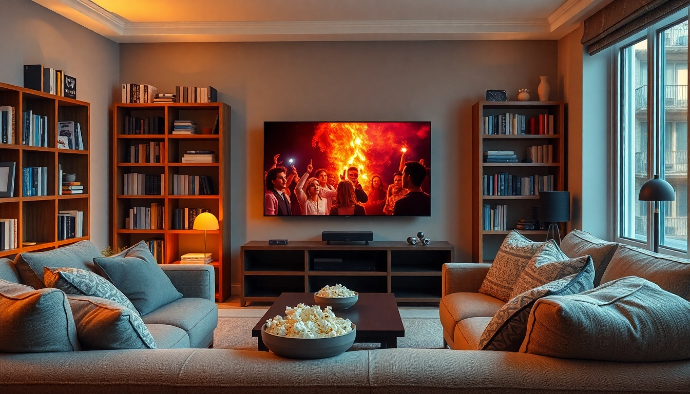 Watch TV series free in a cozy living room setting with vibrant colors and warm lighting.