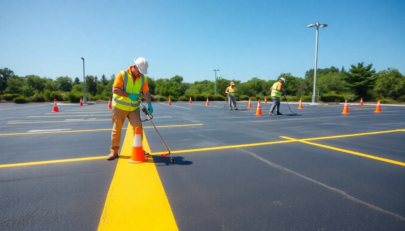 Painting fresh lines for Commercial parking lot striping near me with skilled professionals and safety equipment.