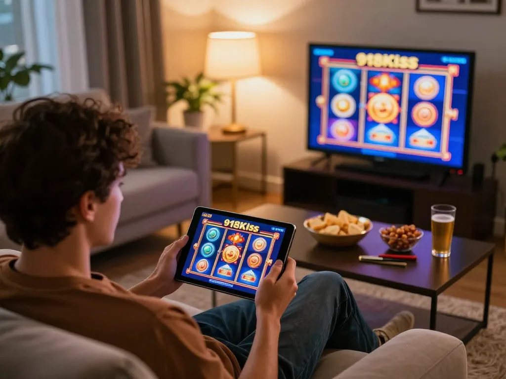 Playing exciting slot games on https://kiss918-ori.app using a tablet in a cozy living room.