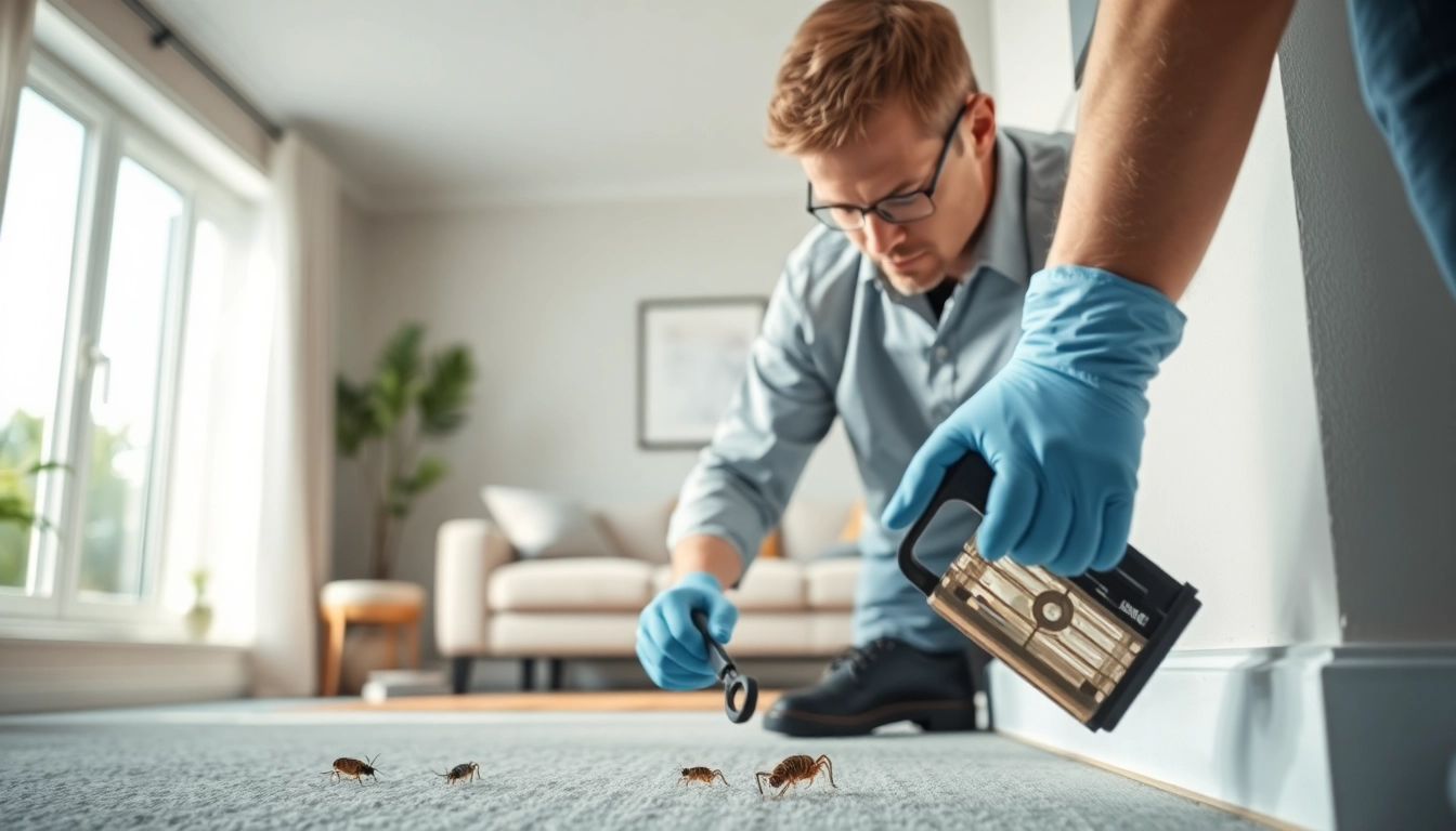 Silverfish removal service expert inspecting a home for silverfish in a clean living room.