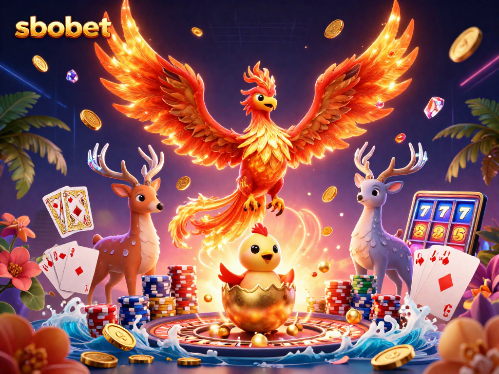 Experience thrilling sports betting with sbobet's dynamic scene featuring a phoenix and treasures.