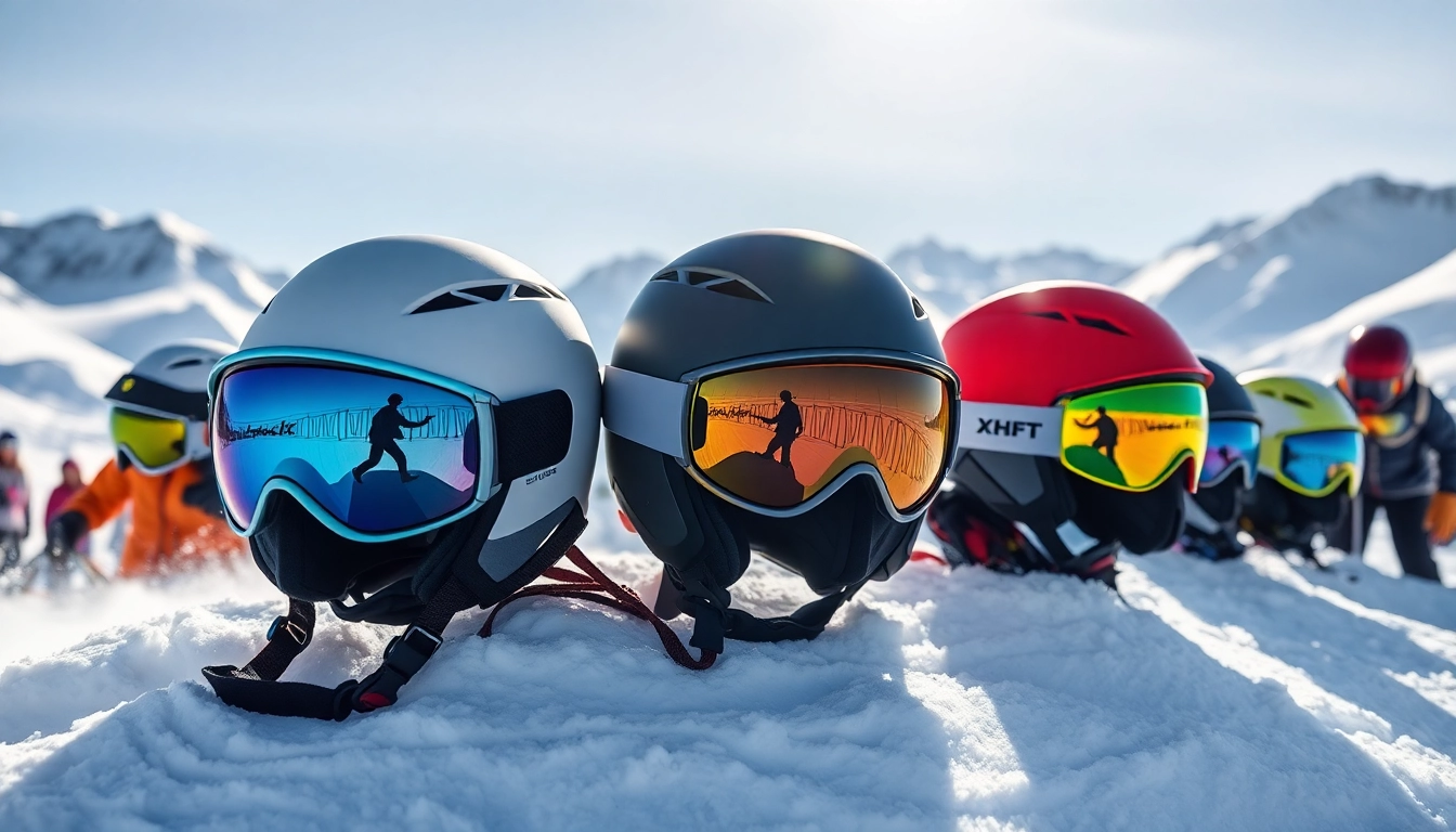 Showcasing atomic helmets for skiing, capturing vibrant designs in an action-packed mountain scene.