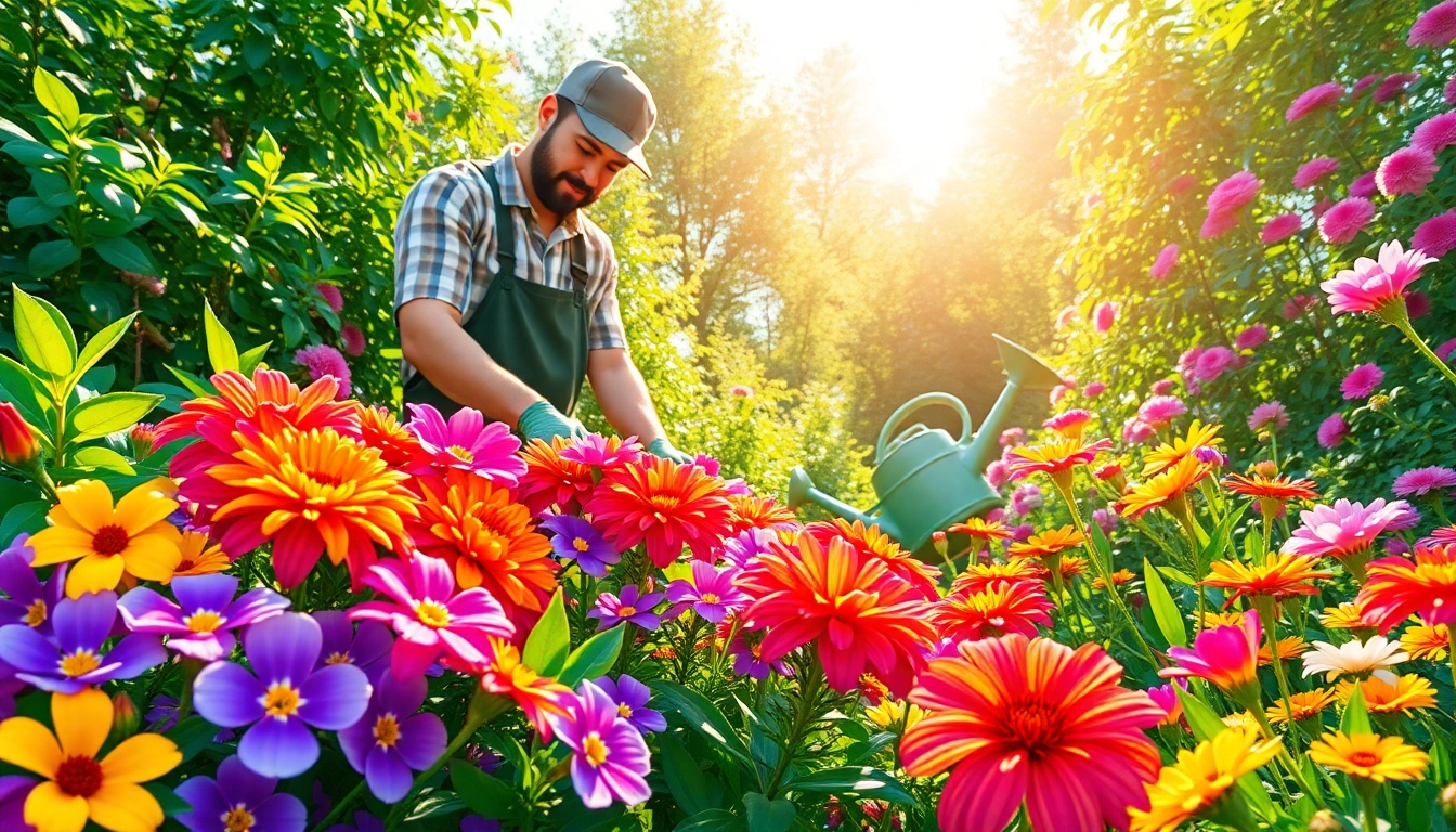 Gardening enthusiast nurturing a flower garden under bright sunlight.