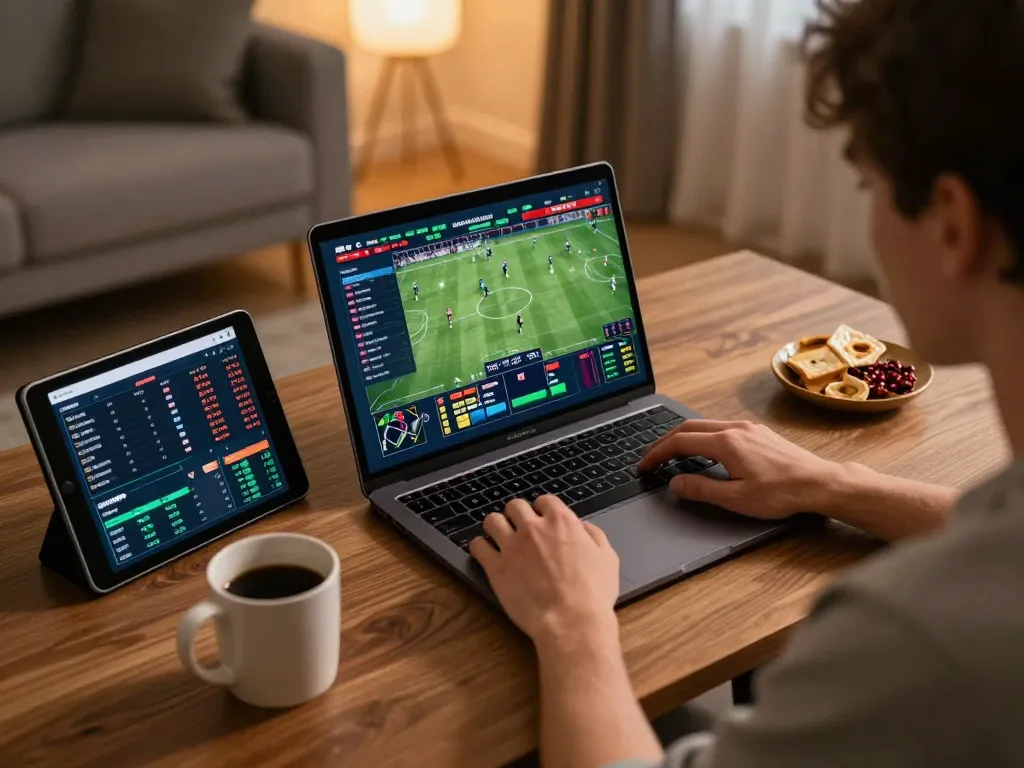 KQBD sports betting session at home with a focused user on a laptop and betting analytics on tablet