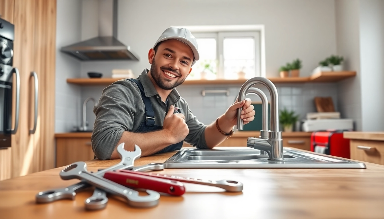 Plumber near me showcasing expertise while repairing a sink in a bright kitchen.