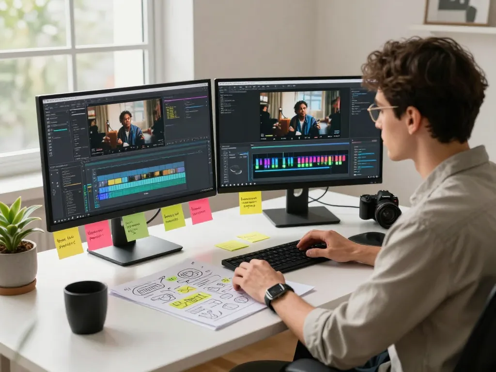 Video to prompt ai workspace with a professional editor generating video prompts and creative ideas in a modern office setting.