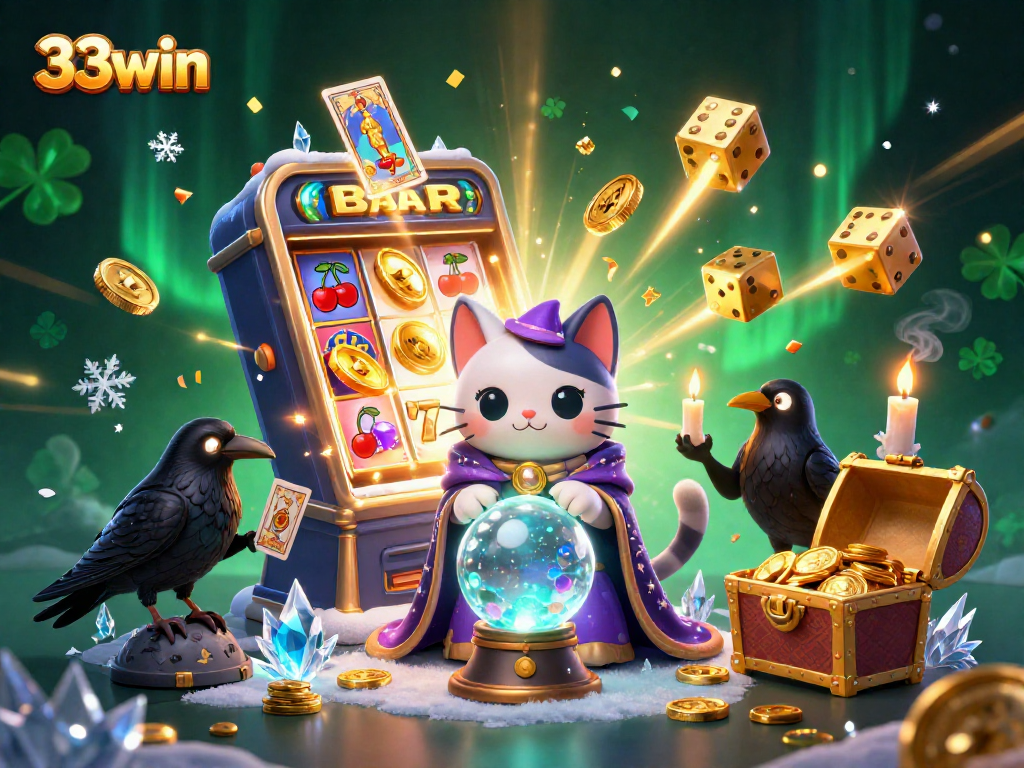 33win vibrant illustration showcasing a mystical slot scene filled with winning symbols and enchanting characters