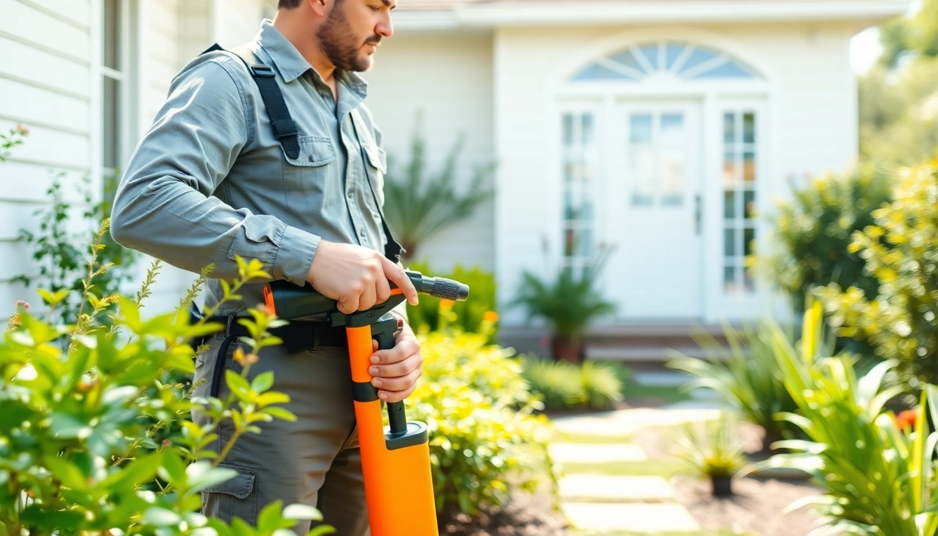 Pest prevention plan in action as a technician inspects for entry points in a well-kept home garden.
