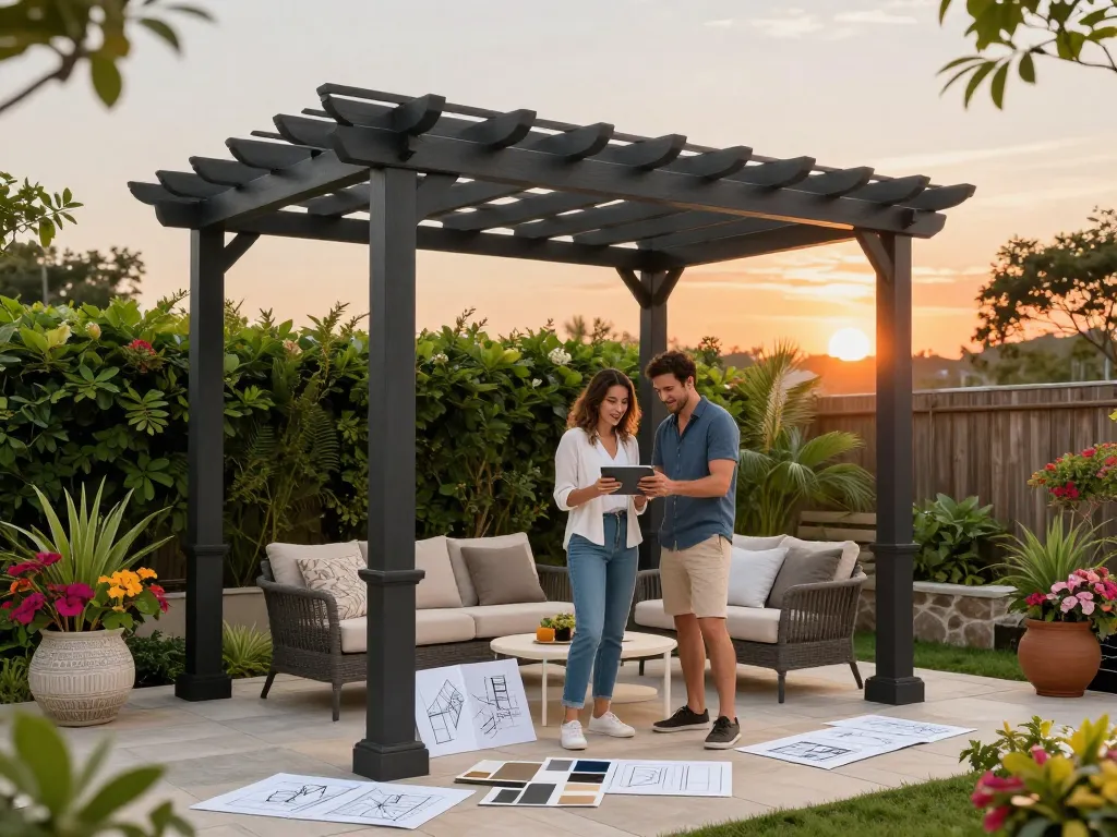 Couple configuring a stylish configuratore 3D pergola in an elegant outdoor setting.