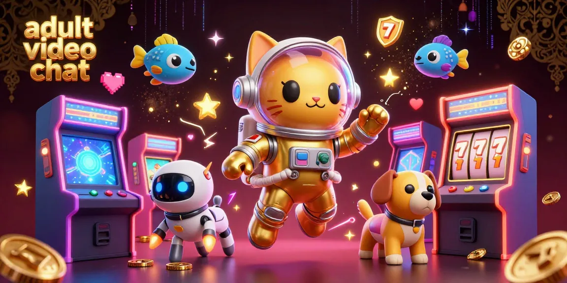 Engage in dynamic adult video chat with a surreal 3D scene of an astronaut cat and robot dog amidst casino elements.