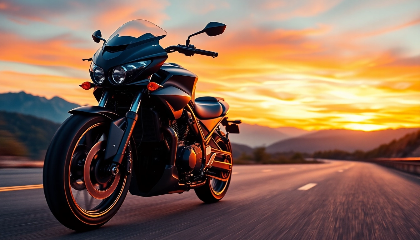 Ride confidently on budget DOT approved motorcycles for sale with sleek designs against a vibrant sunset backdrop.